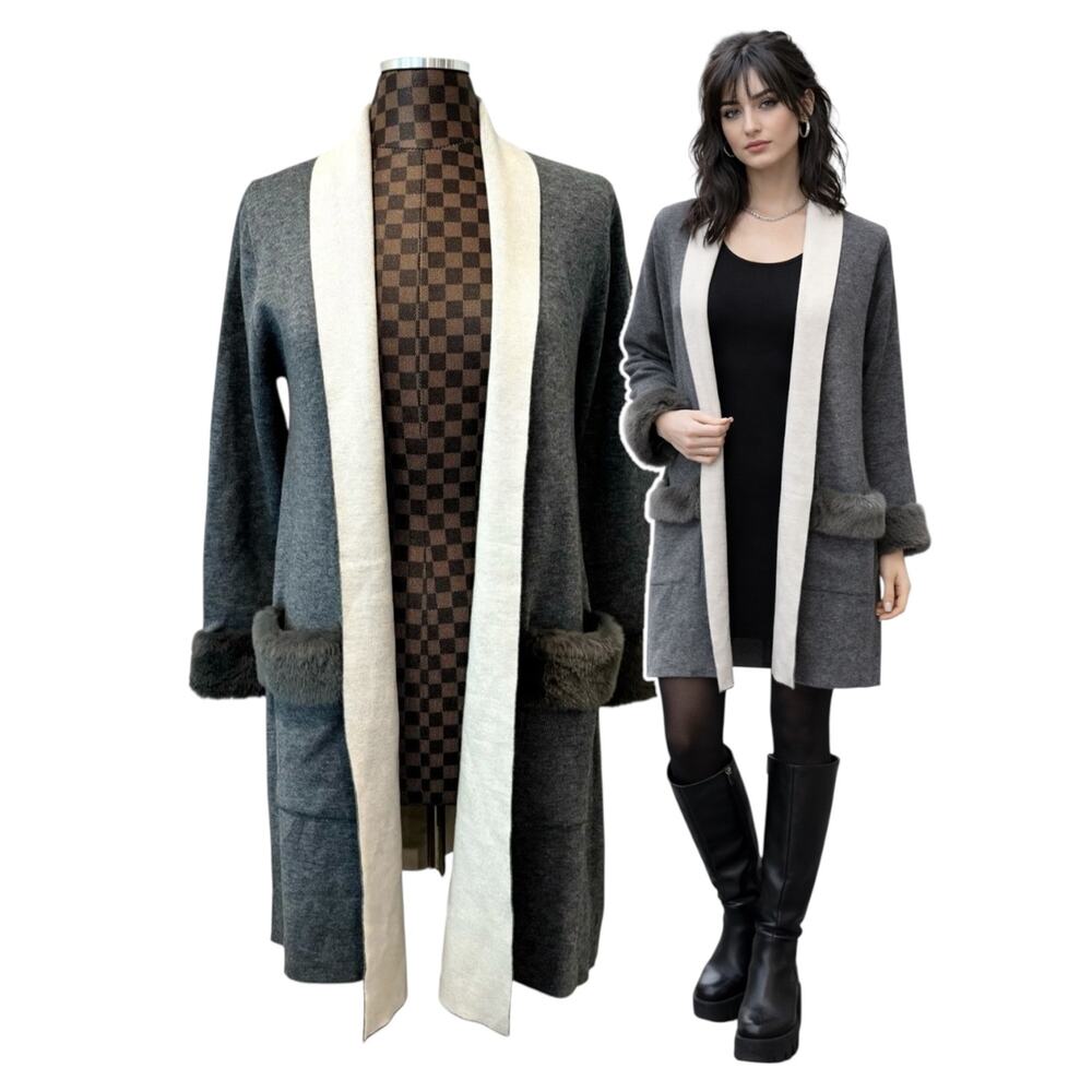 Vertigo Duster Open Front Cardigan Faux Fur Trim Long Gray Sz M Sweater Coatigan